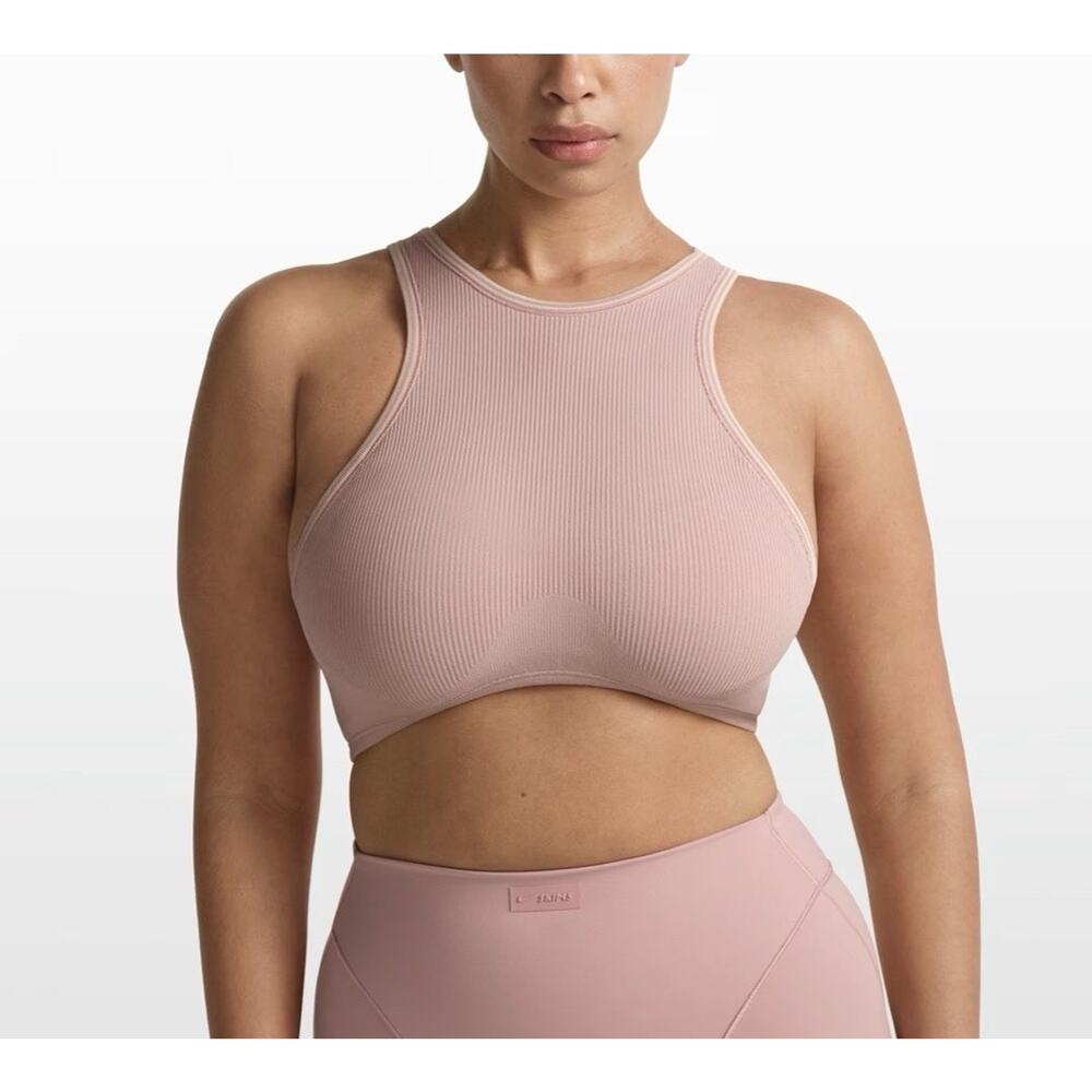 Nike x SKIMS Pink Ribbed Seamless High Neck Padded Sports Bra Women’s XL NWT